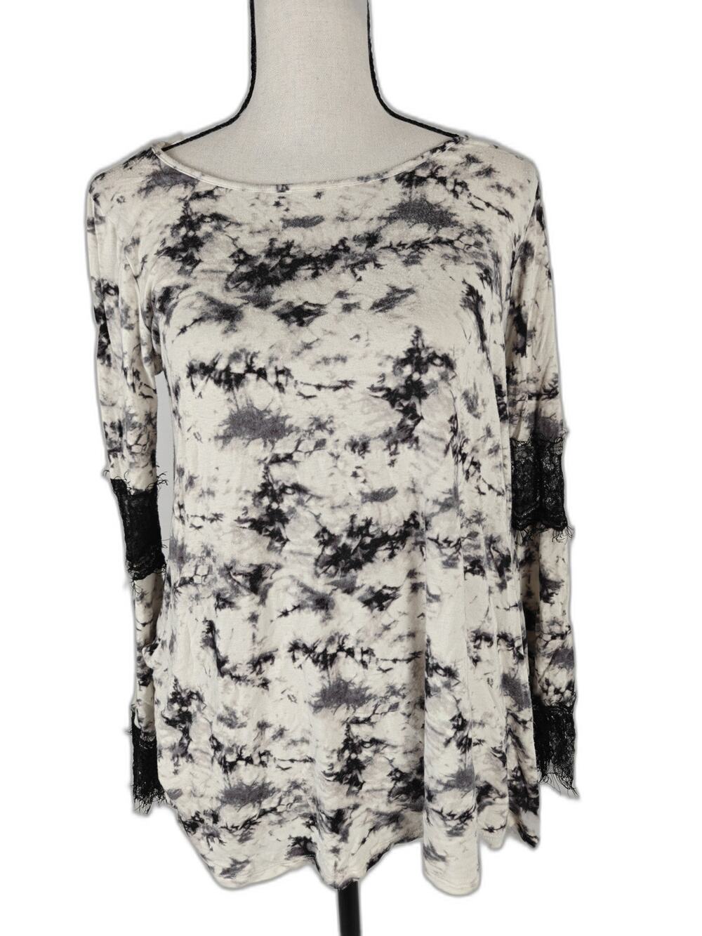 Women's Romeo + Juliet Couture Tie Dye Lace Sleeve Top Ivory Black Size Small